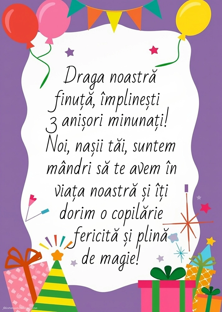 Imagini cu felicitări de LA MULȚI ANI pentru Finuța ta de 3 ani: Baloane și Cadouri