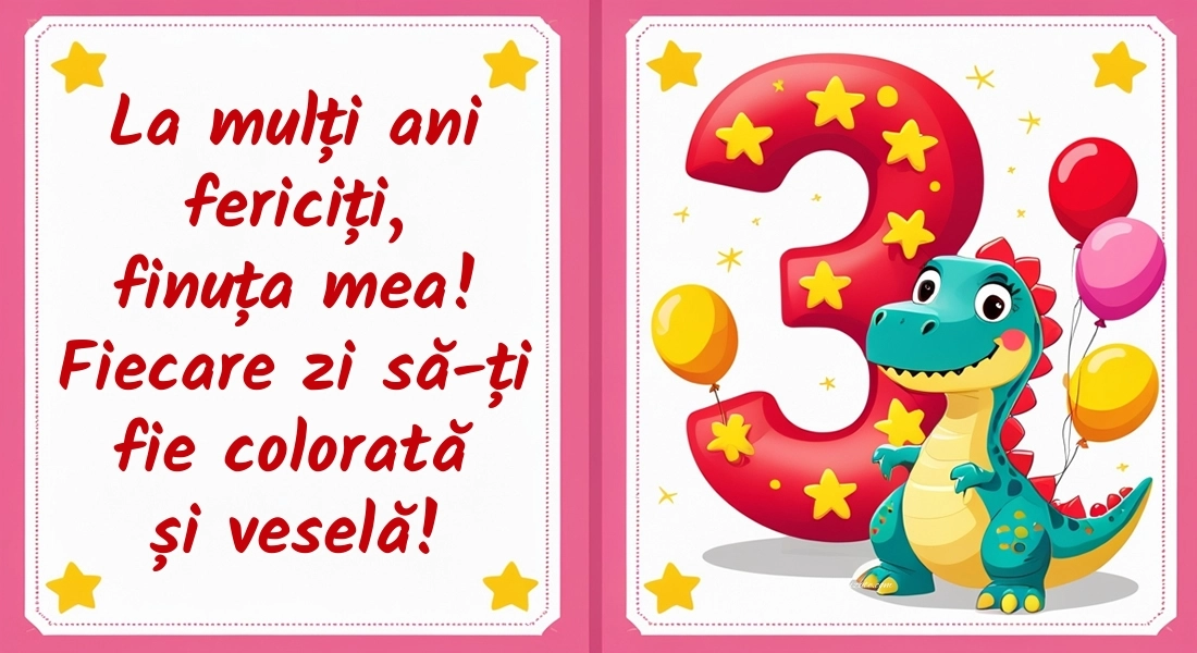 Imagini cu felicitări de LA MULȚI ANI pentru Finuța ta de 3 ani: Dinosaur și baloane
