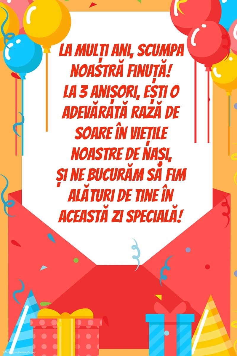 Imagini cu felicitări de LA MULȚI ANI pentru Finuța ta de 3 ani: Baloane și Cadouri