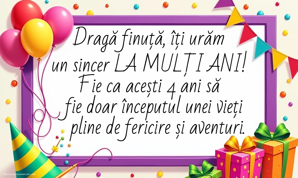 Imagini cu felicitări de LA MULȚI ANI pentru Finuța ta de 4 ani: Baloane și Cadouri