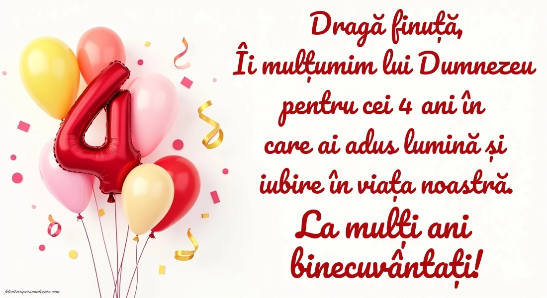 Imagini cu felicitări de LA MULȚI ANI pentru Finuța ta de 4 ani: Baloane
