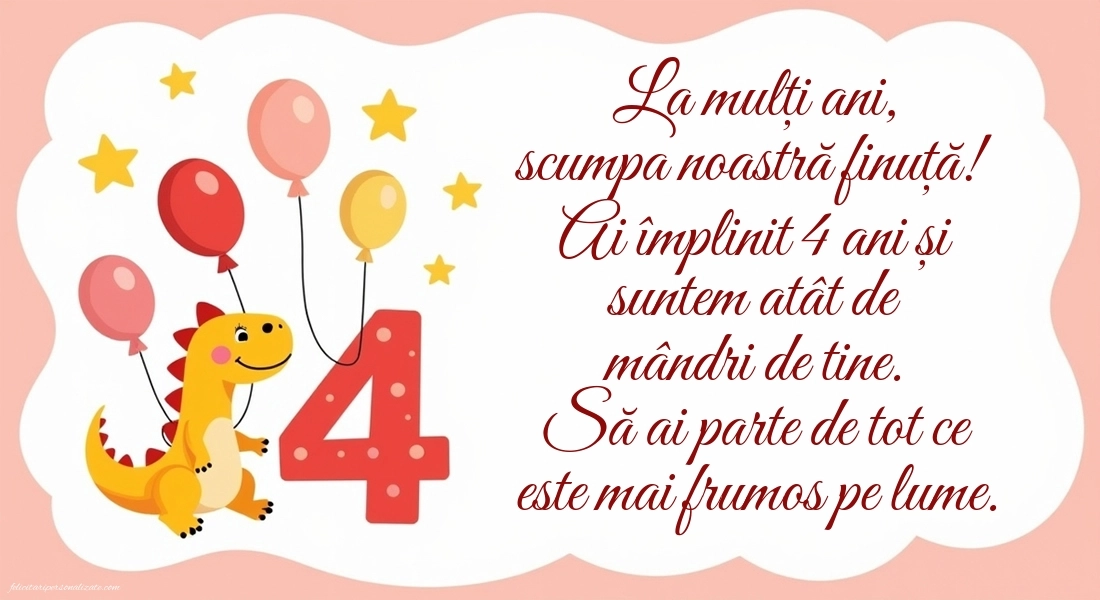 Imagini cu felicitări de LA MULȚI ANI pentru Finuța ta de 4 ani: Dinosaur și baloane