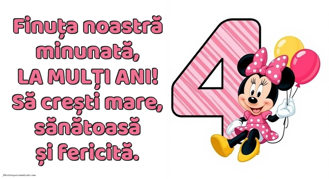 Imagini cu felicitări de LA MULȚI ANI pentru Finuța ta de 4 ani: Minnie Mouse