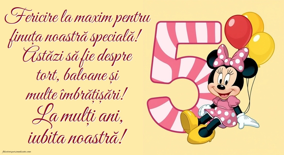 Imagini cu felicitări de LA MULȚI ANI pentru Finuța ta de 5 ani: Minnie Mouse