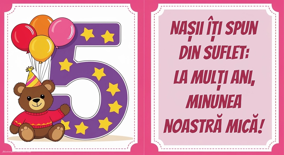 Imagini cu felicitări de LA MULȚI ANI pentru Finuța ta de 5 ani: Ursuleț și baloane