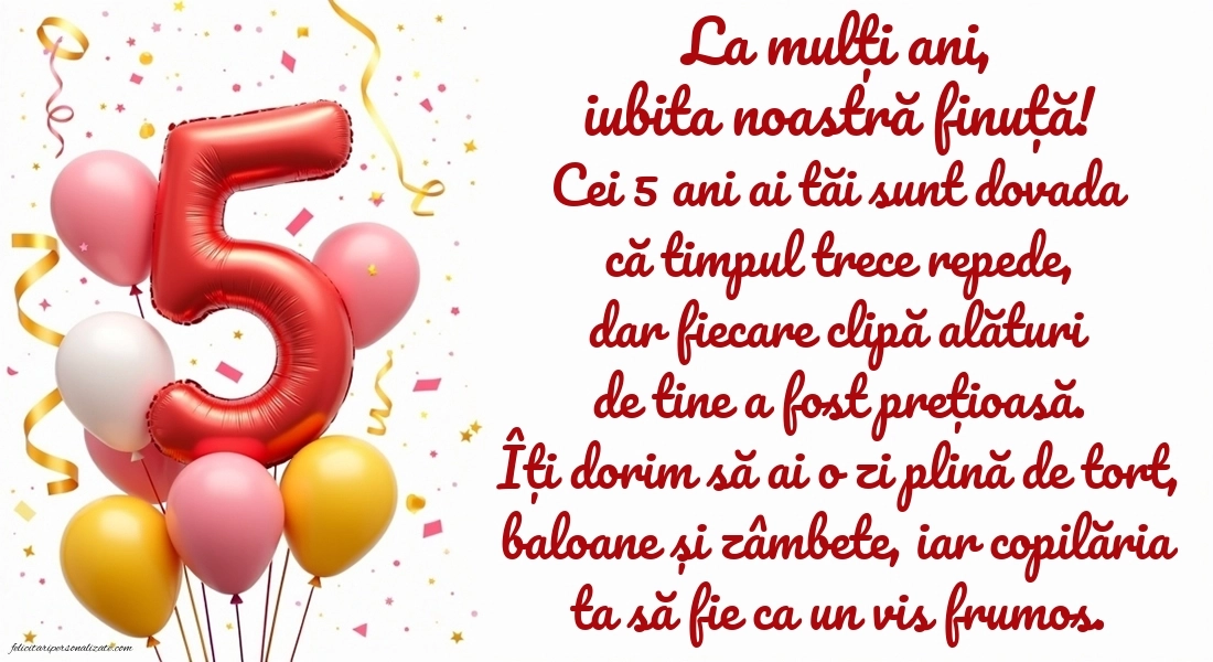Imagini cu felicitări de LA MULȚI ANI pentru Finuța ta de 5 ani: Baloane