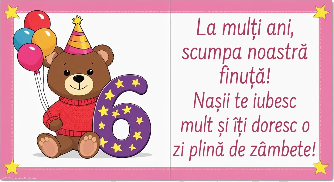 Imagini cu felicitări de LA MULȚI ANI pentru Finuța ta de 6 ani: Ursuleț și baloane