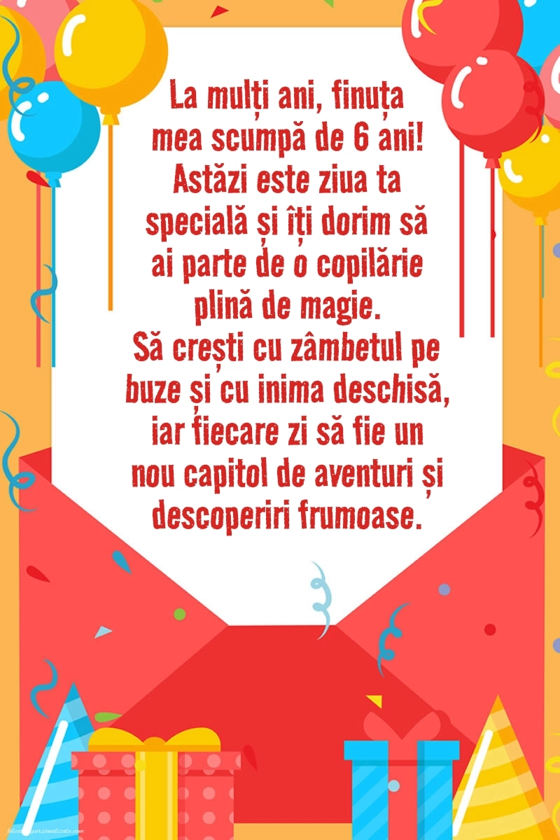 Imagini cu felicitări de LA MULȚI ANI pentru Finuța ta de 6 ani: Baloane și Cadouri