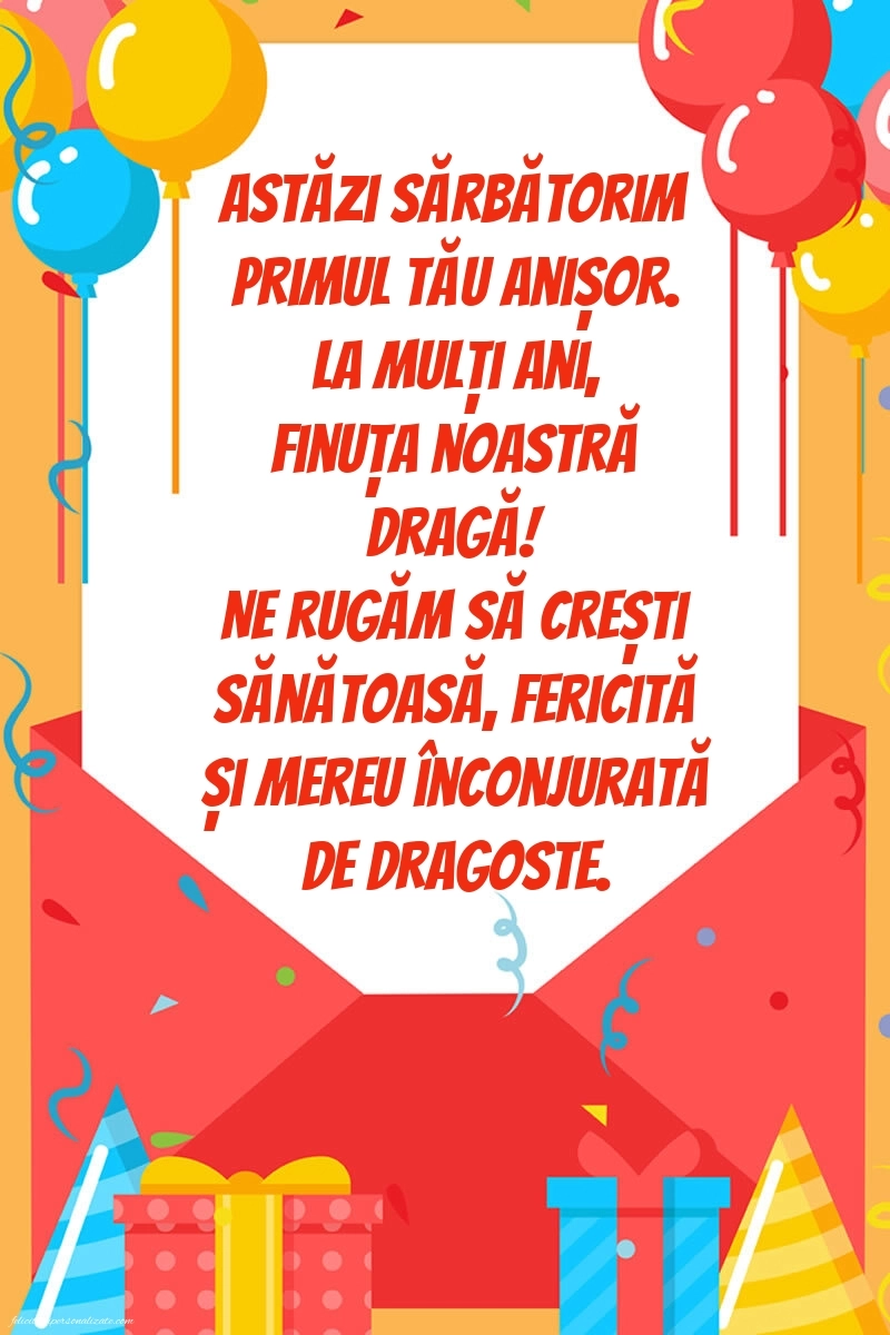 Imagini cu felicitări de LA MULȚI ANI pentru Finuța ta de 1 anișor: Baloane și Cadouri