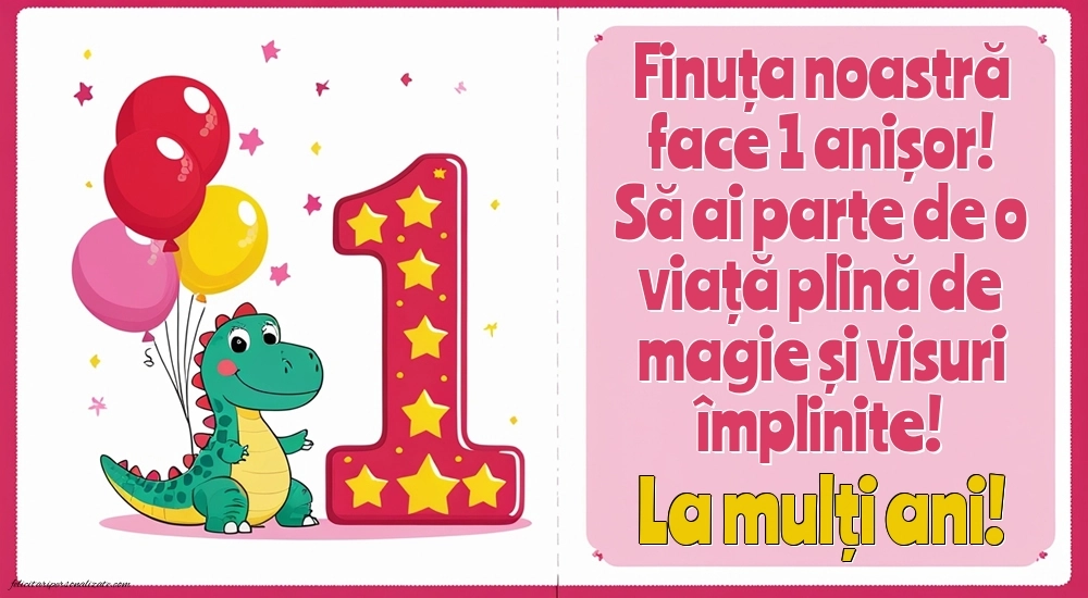 Imagini cu felicitări de LA MULȚI ANI pentru Finuța ta de 1 anișor: Dinosaur și baloane