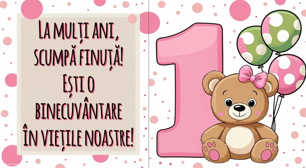 Imagini cu felicitări de LA MULȚI ANI pentru Finuța ta de 1 anișor: Ursuleț și baloane