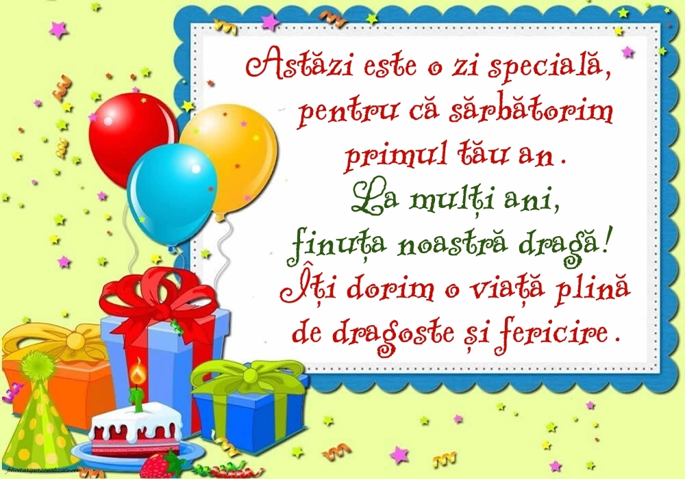 Imagini cu felicitări de LA MULȚI ANI pentru Finuța ta de 1 anișor: Baloane și Cadouri