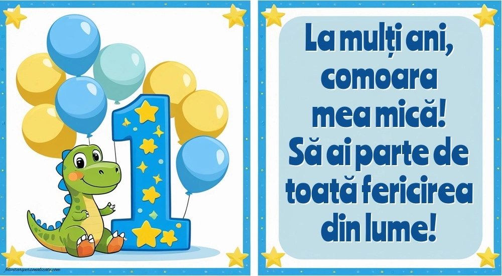 Imagini cu felicitări de LA MULȚI ANI pentru nepoțel de 1 an: Dinosaur și baloane