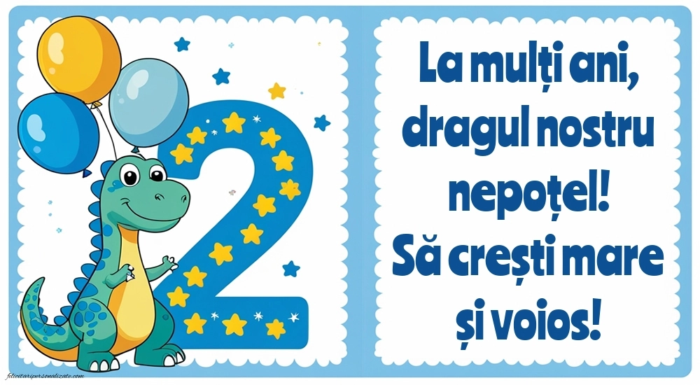 Imagini cu felicitări de LA MULȚI ANI pentru nepoțel de 2 ani: Dinosaur și baloane