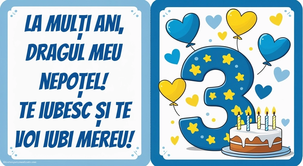 Imagini cu felicitări de LA MULȚI ANI pentru nepoțel de 3 ani: Tort și inimioare