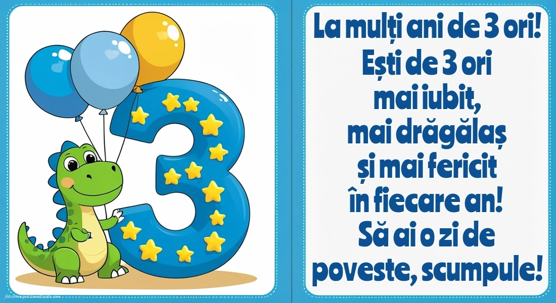 Imagini cu felicitări de LA MULȚI ANI pentru nepoțel de 3 ani: Dinosaur și baloane