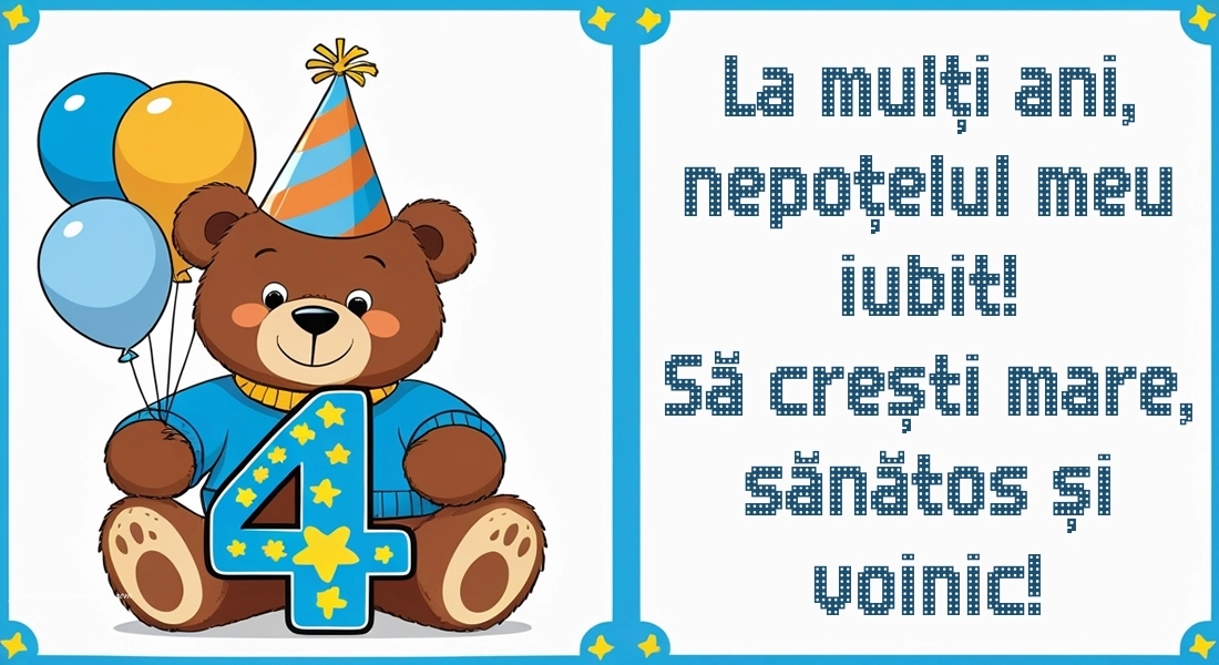 Imagini cu felicitări de LA MULȚI ANI pentru nepoțel de 4 ani: Ursuleț și baloane