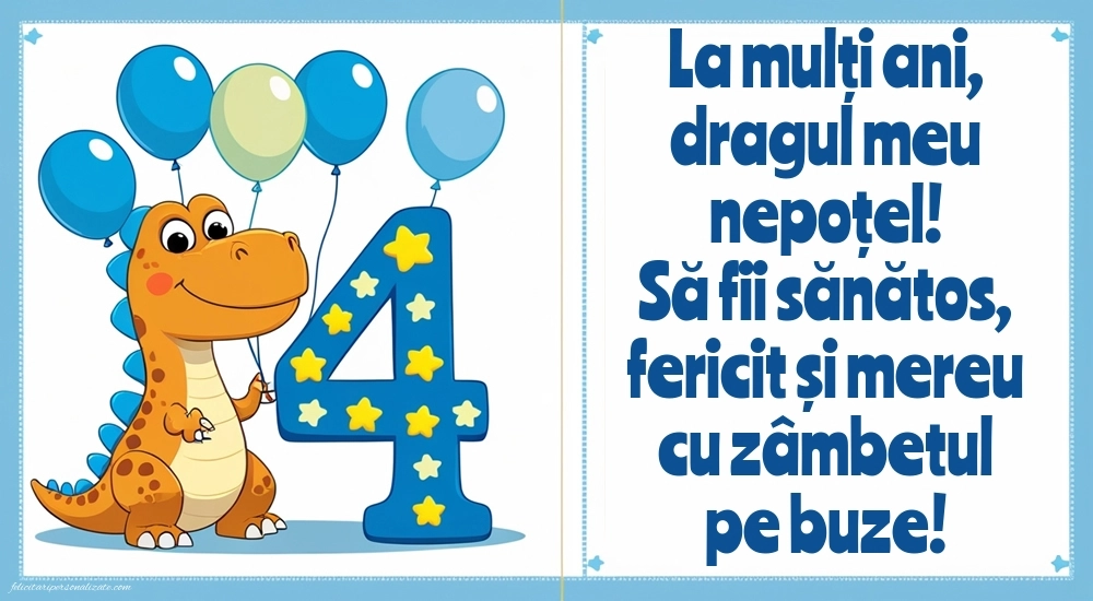 Imagini cu felicitări de LA MULȚI ANI pentru nepoțel de 4 ani: Dinosaur și baloane