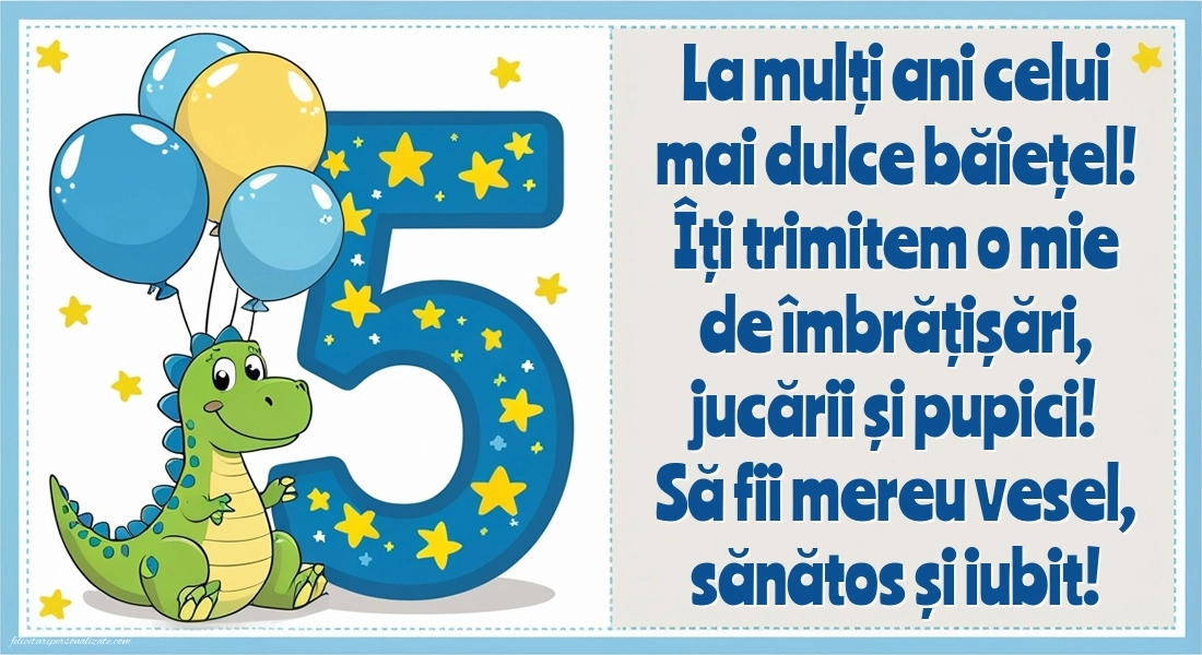 Imagini cu felicitări de LA MULȚI ANI pentru nepoțel de 5 ani: Dinosaur și baloane