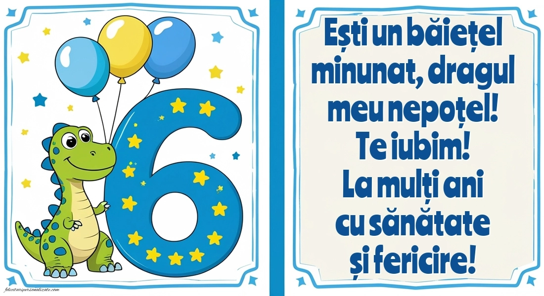 Imagini cu felicitări de LA MULȚI ANI pentru nepoțel de 6 ani: Dinosaur și baloane