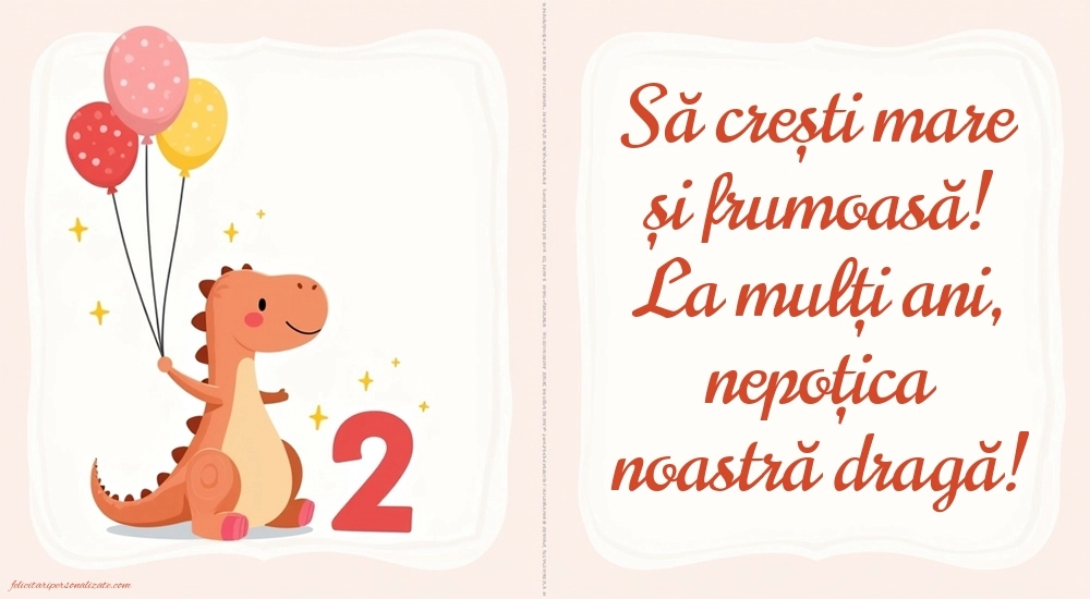 Imagini cu felicitări de LA MULȚI ANI pentru nepoțică de 2 ani: Dinosaur și baloane