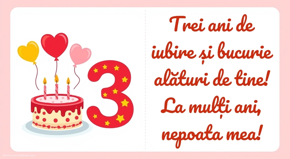 Imagini cu felicitări de LA MULȚI ANI pentru nepoțică de 3 ani: Tort și inimioare