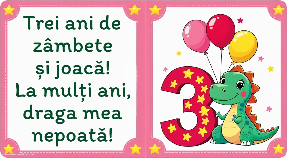 Imagini cu felicitări de LA MULȚI ANI pentru nepoțică de 3 ani: Dinosaur și baloane