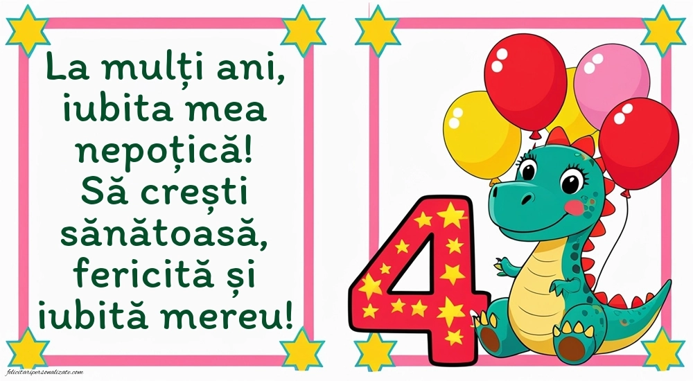 Imagini cu felicitări de LA MULȚI ANI pentru nepoțică de 4 ani: Dinosaur și baloane