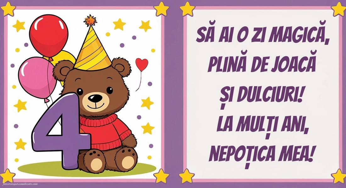 Imagini cu felicitări de LA MULȚI ANI pentru nepoțică de 4 ani: Ursuleț și baloane