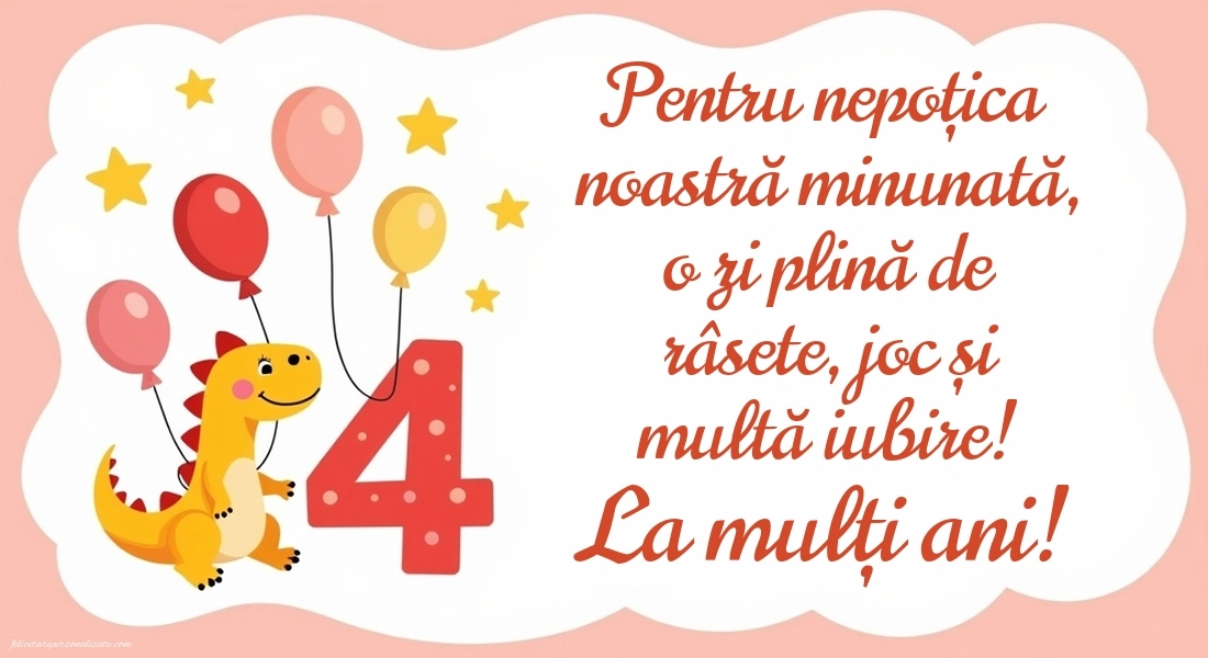 Imagini cu felicitări de LA MULȚI ANI pentru nepoțică de 4 ani: Dinosaur și baloane