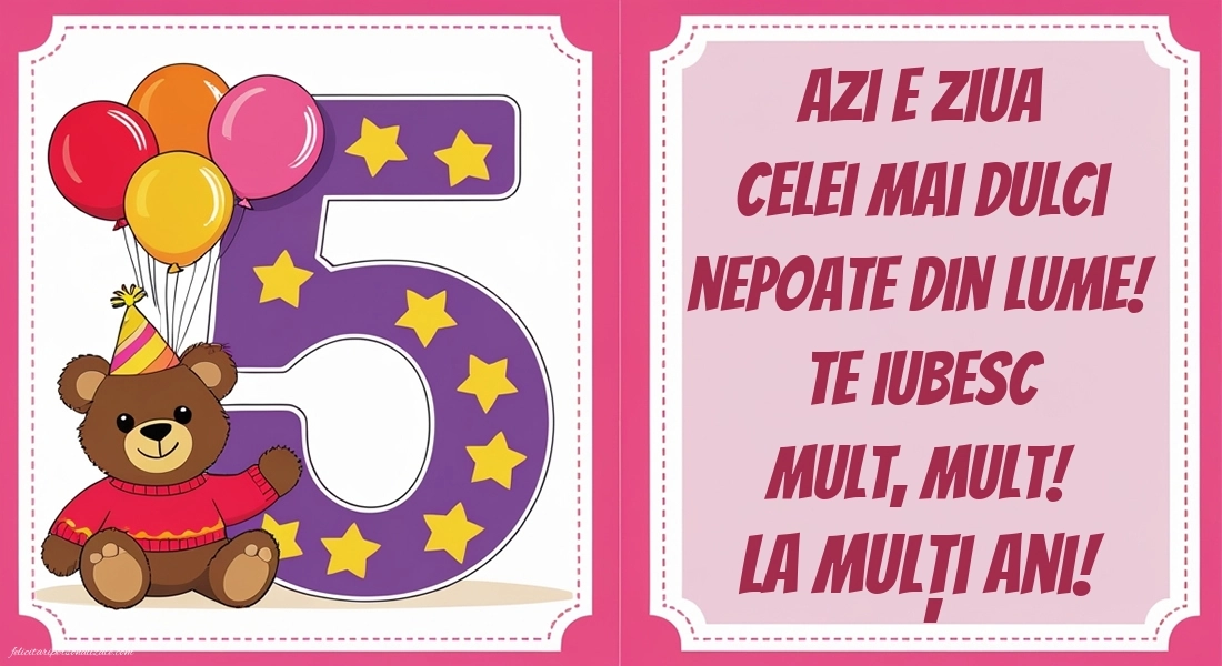 Imagini cu felicitări de LA MULȚI ANI pentru nepoțică de 5 ani: Ursuleț și baloane