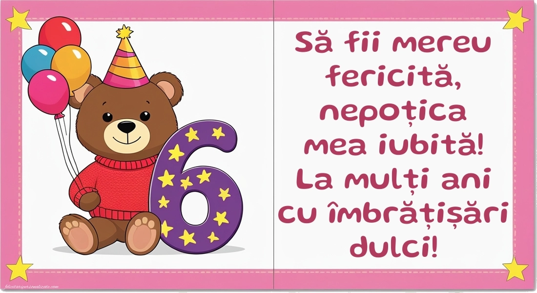 Imagini cu felicitări de LA MULȚI ANI pentru nepoțică de 6 ani: Ursuleț și baloane