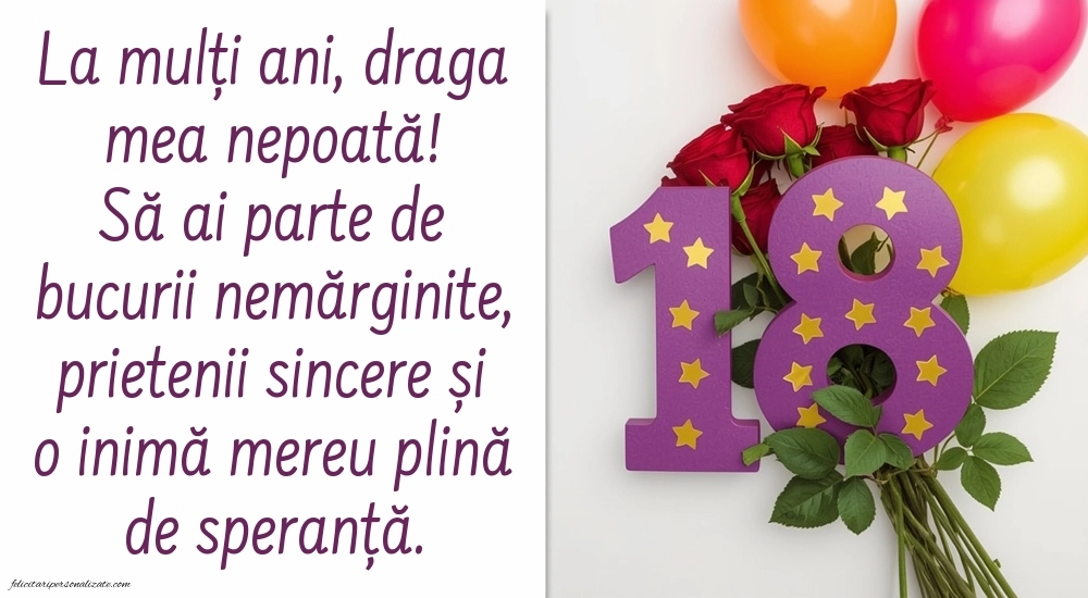Imagini cu Felicitări de 18 ani pentru Nepoată: Trandafiri și baloane
