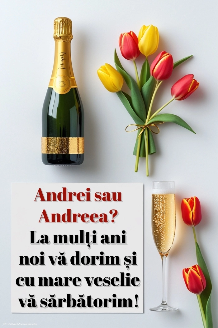 Felicitări de LA MULȚI ANI pentru toți cei ce poartă numele de Sf. Andrei: Șampanie și lalele