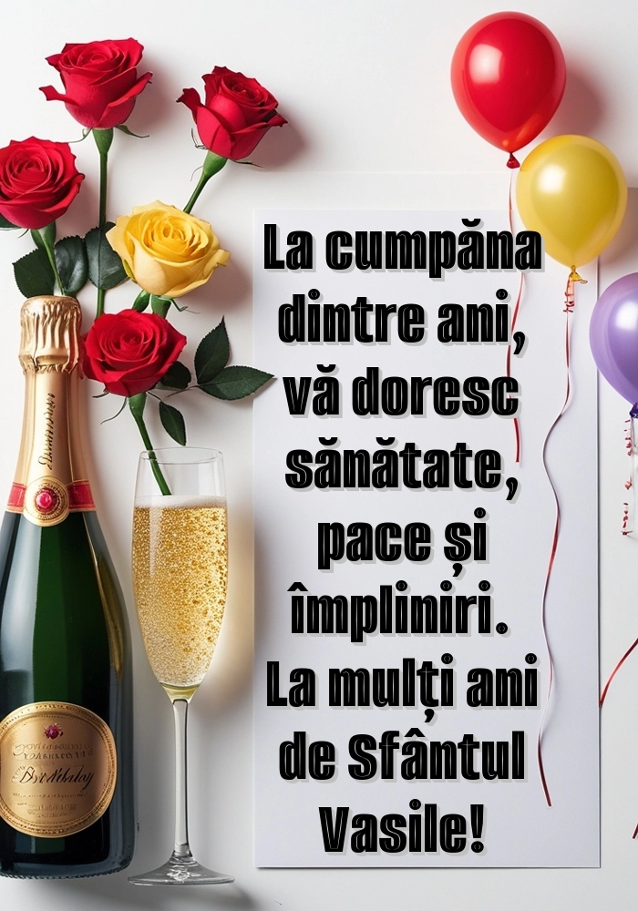 Imagini cu LA MULȚI ANI de 1 Ianuarie Sfântul Vasile: Șampanie și trandafiri