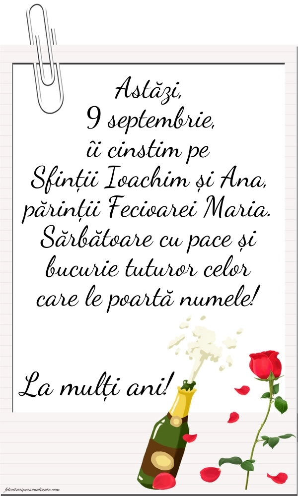 Felicitări de Sfinții Ioachim și Ana (9 Septembrie): Șampanie și flori