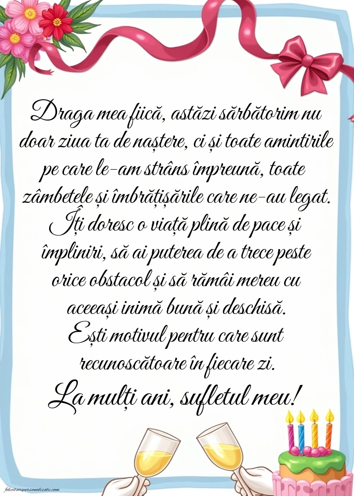 Felicitări de La Mulți Ani pentru fiică de la mamă: Șampanie și tort