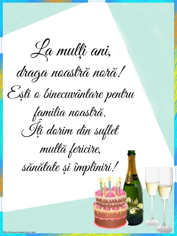 Felicitări frumoase de Ziua de Naștere pentru Noră: Șampanie și tort