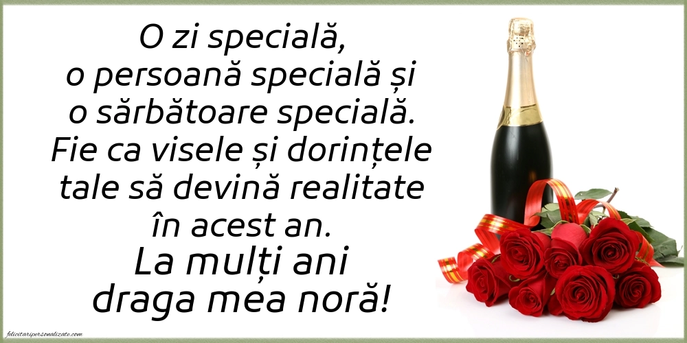 Felicitări frumoase de Ziua de Naștere pentru Noră: Șampanie și flori