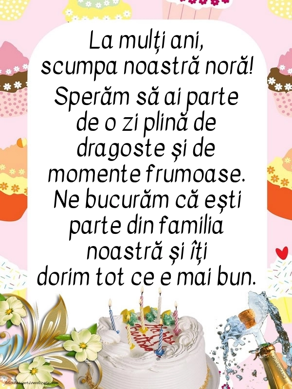 La mulți ani, nora mea! - Imagini cu mesaje frumoase: Șampanie și tort