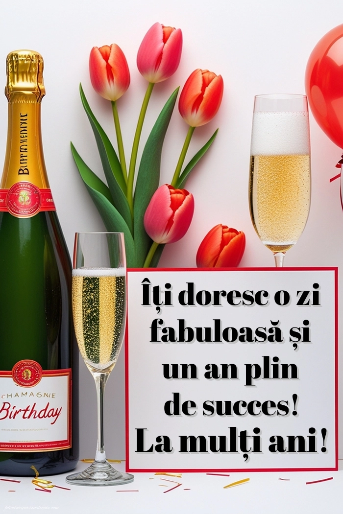 Poze cu urări de LA MULȚI ANI pentru prieten: Șampanie și lalele