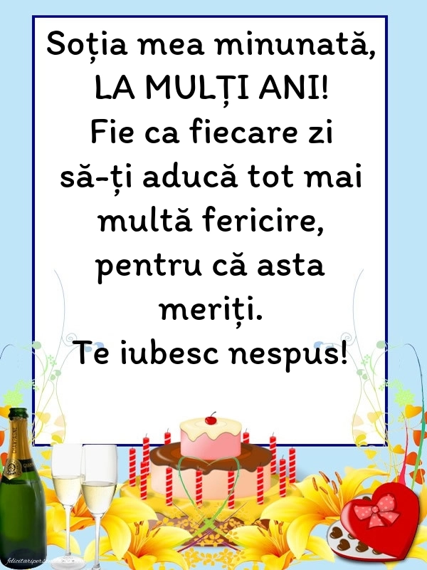 La mulți ani, soția mea! - Imagini cu mesaje frumoase: Șampanie și tort