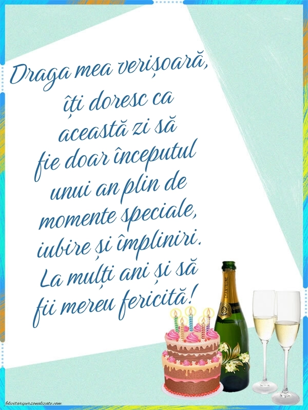 Felicitări frumoase de Ziua de Naștere pentru Verișoară: Șampanie și tort