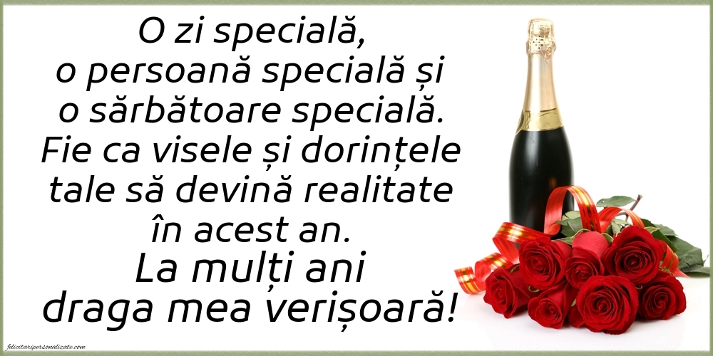 Felicitări frumoase de Ziua de Naștere pentru Verișoară: Șampanie și flori