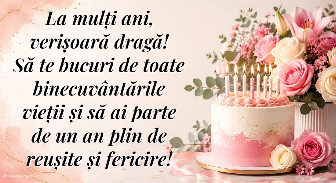 Felicitări frumoase de Ziua de Naștere pentru Verișoară: Tort și flori