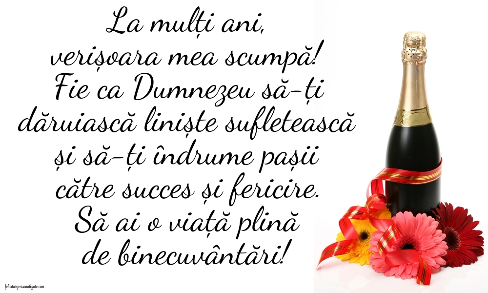 Felicitări frumoase de Ziua de Naștere pentru Verișoară: Șampanie și flori