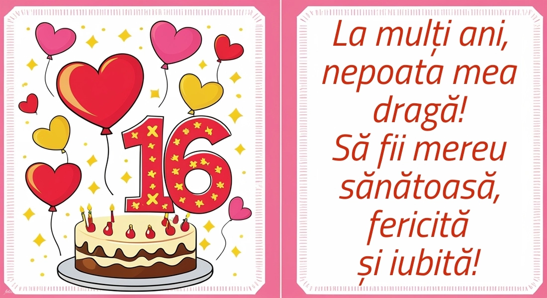 Imagini cu LA MULȚI ANI 16 ani pentru Nepoată: Tort și inimioare