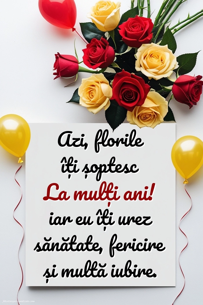 Imagini cu felicitări de La Mulți Ani cu Flori: Trandafiri și baloane