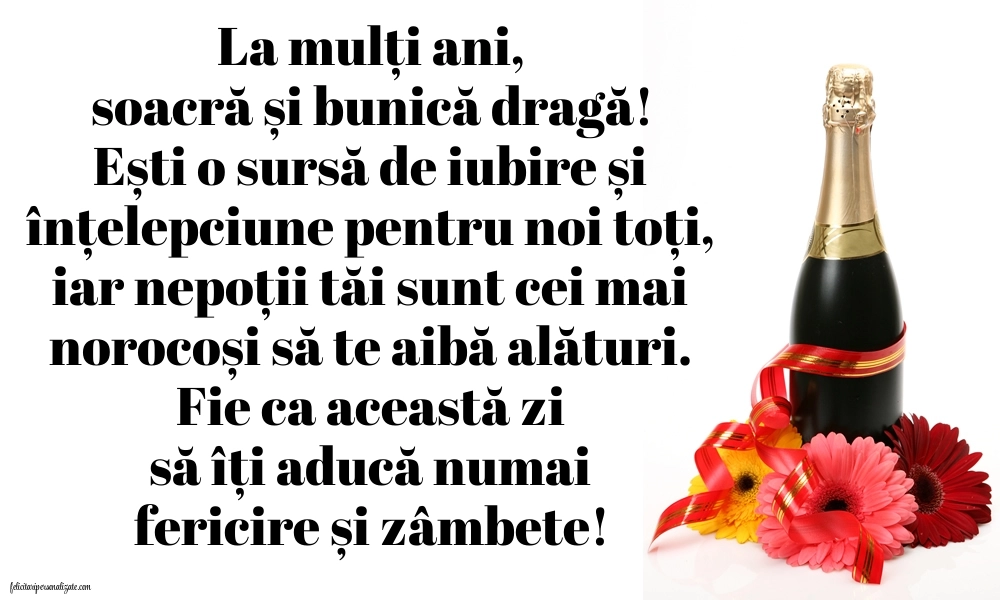 Imagini cu felicitări de La Mulți Ani pentru Soacră și Bunică: Șampanie și flori