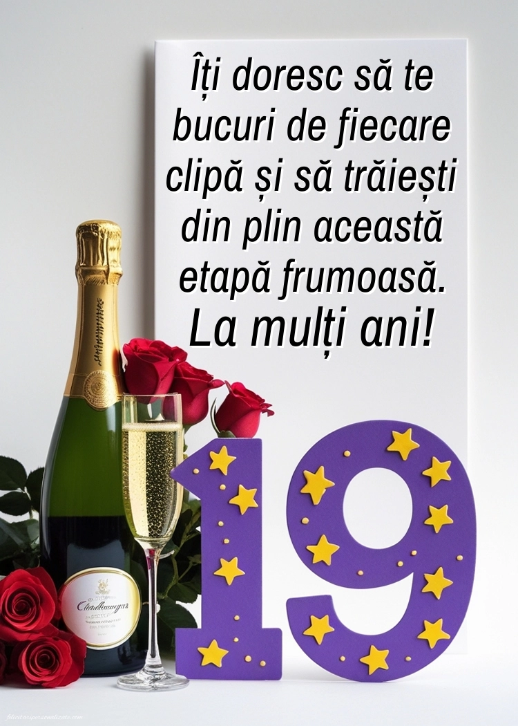 Felicitări cu imagini de LA MULȚI ANI pentru 19 ani: Șampanie și flori